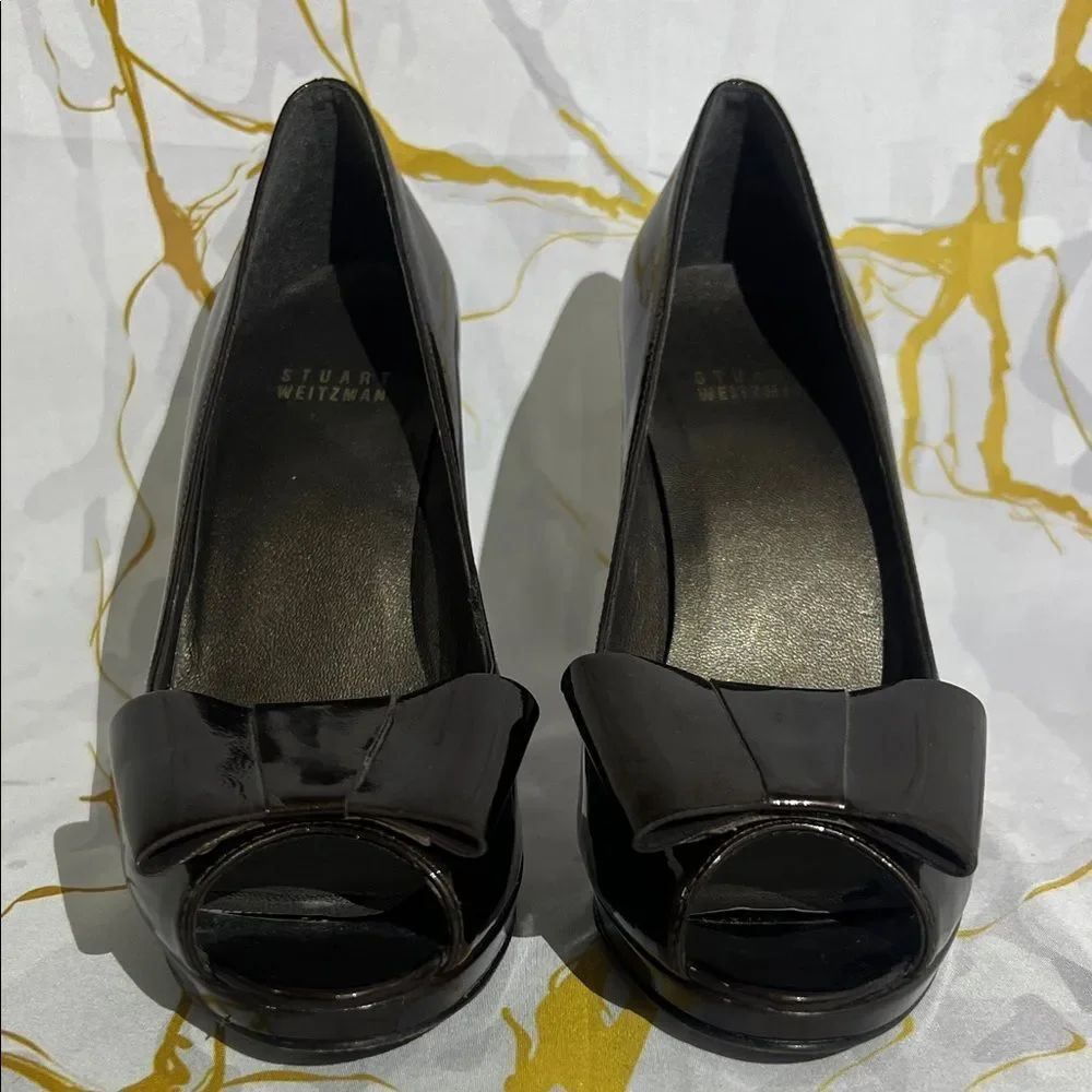 Stuart Weitzman Bronze Patent Leather Bow Heels